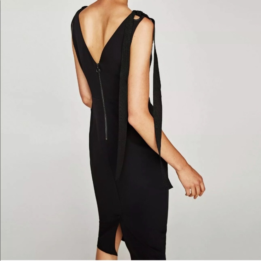 Zara little black dress Studded V neck ribbon ties